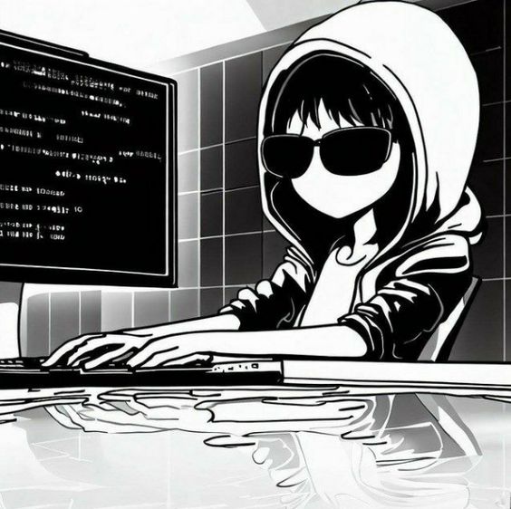 Black and white illustration of a hooded coder in sunglasses typing at a terminal